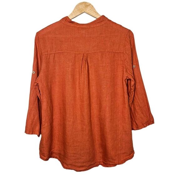 ROMEO GIULIA 100% Linen Top Lagenlook Button Down VNeck 3/4 Sleeve Orange Medium - Picture 5 of 7